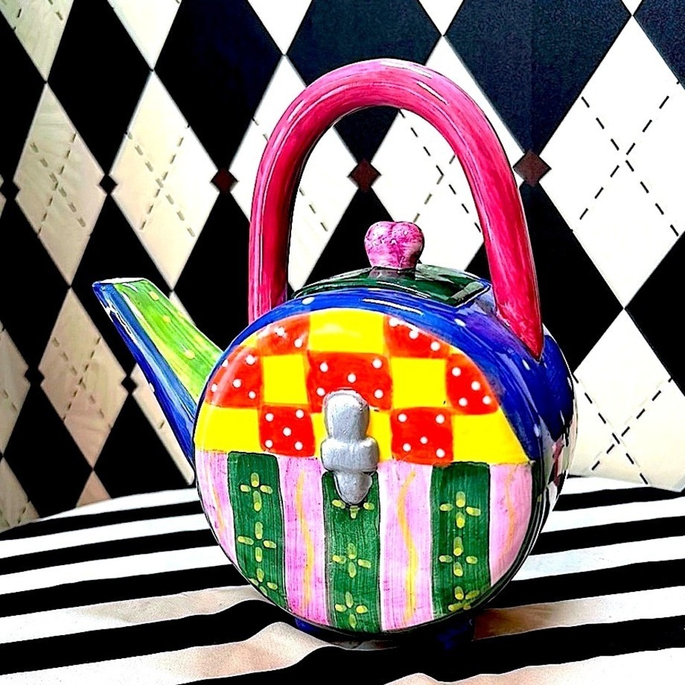 Checks and Stripes Whimsical Teapot Ceramic Milson & Louis Hand-Painted
